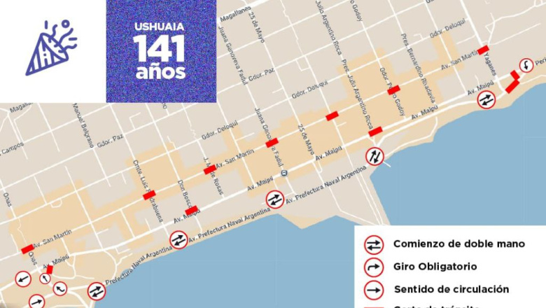 Esquema de tránsito para el desfile por los 141 años de Ushuaia