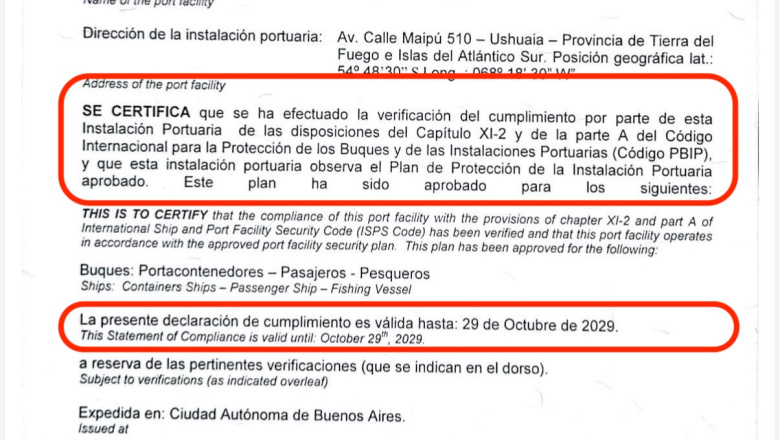 Se filtró un certificado que pone en duda la legalidad de la intervención del Puerto de Ushuaia